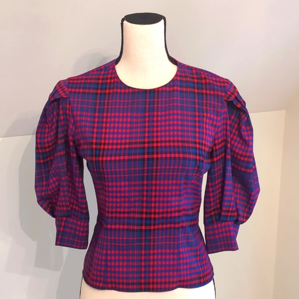 Zara Plaid Puff Sleeve Blouse, Size XS